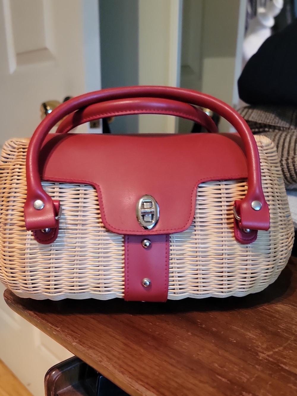 Red Wicker Top-Handle Women's Handbag
